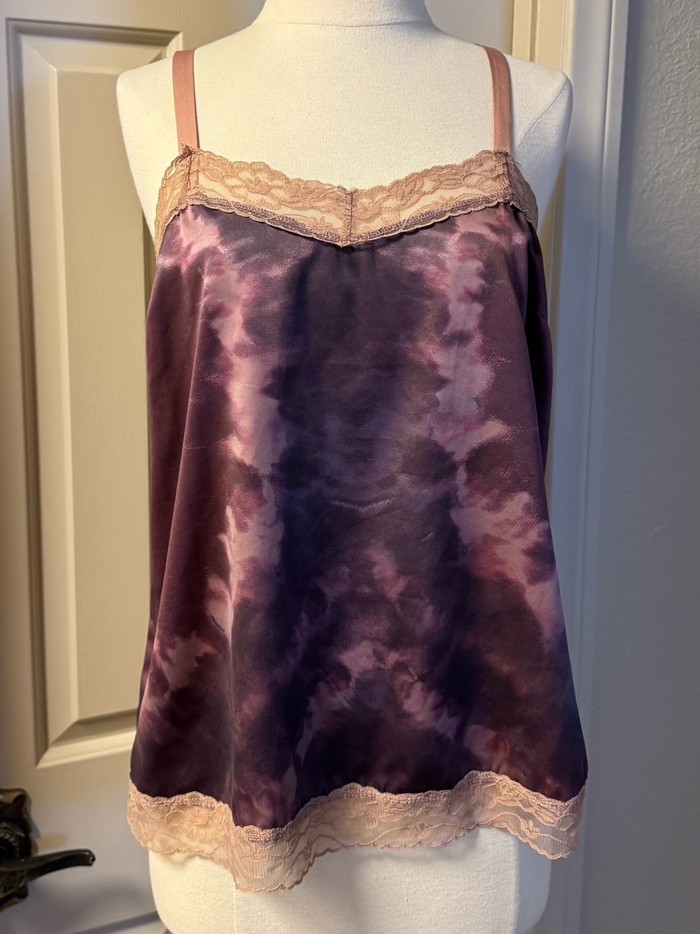 Purple Plum Tie-Dye Matte Satin Lace Trim Cami
